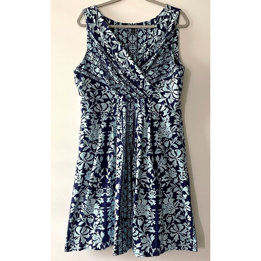 Lands' End Petites XL 18 Blue Floral Sleeveless Knit Dress Faux Wrap Stretch